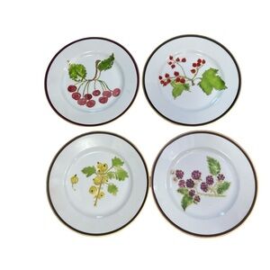 Set of 4 CRATE & BARREL Berries Fruits DESSERT Salad Plates Gold Rim 8.25”